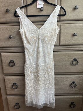 David's Bridal Ivory Beaded V-Neck Sheath Cocktail Dress